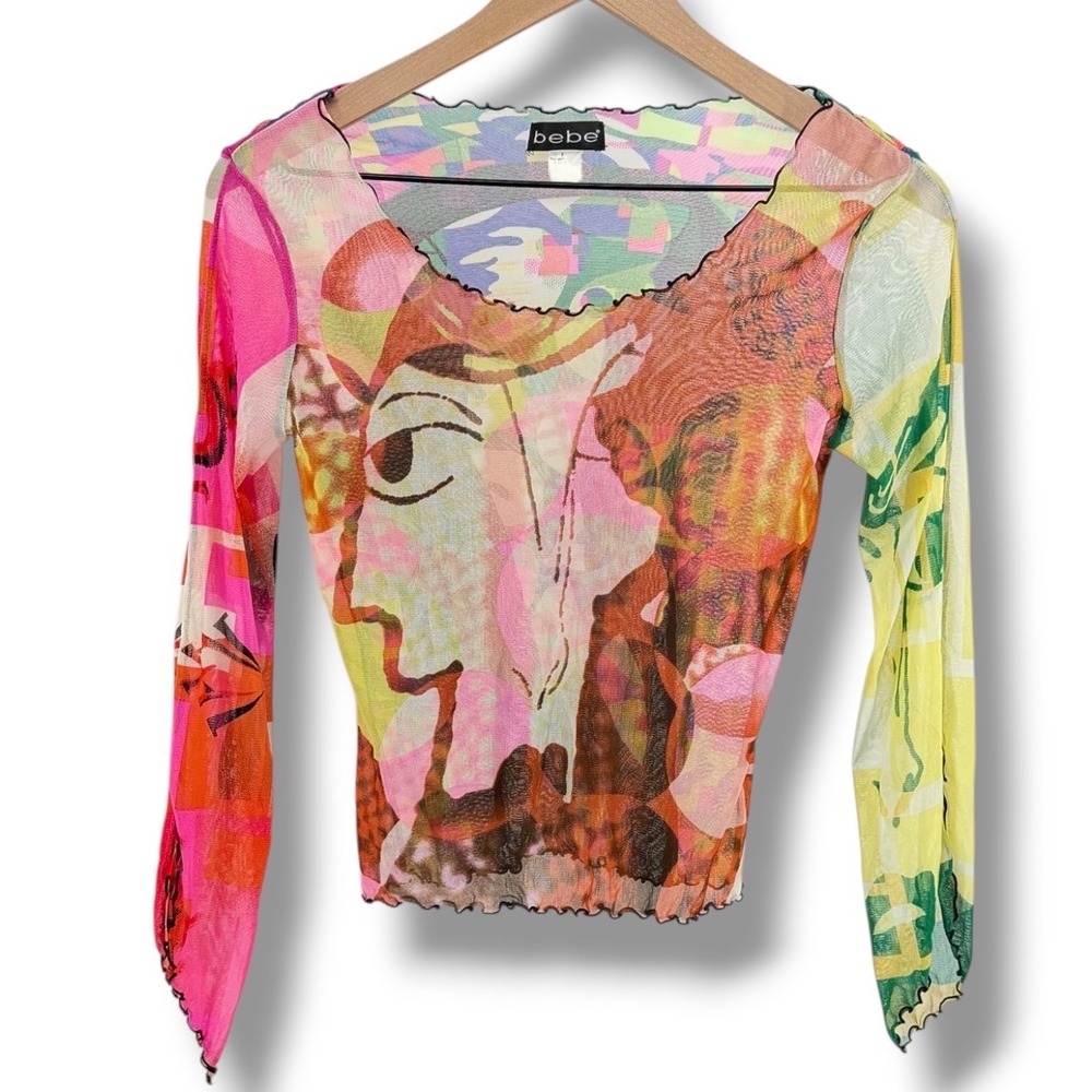 Bebe Vintage Sheer Mesh Graphic Top Medium Abstract Face Whimy Picasso Y2K 90s